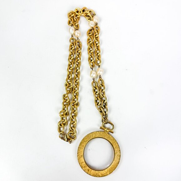 Chunky Chain Faux Pearl Gold Tone Magnifying Glass Loupe Pendant Necklace - Picture 1 of 5